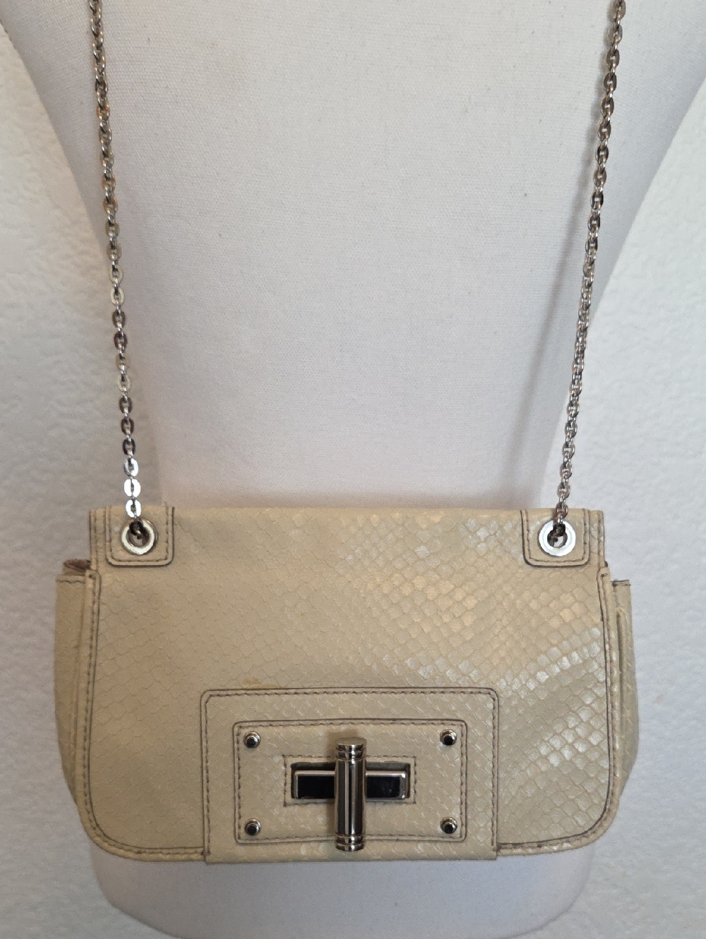 Banana Republic Cream Snake-Embossed Leather Crossbody Bag with Silver Chain